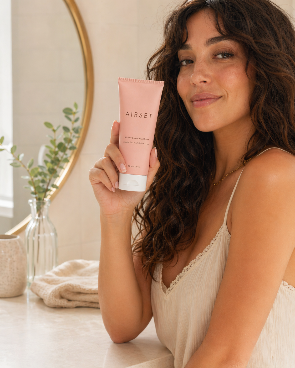 Woman with soft air-dried waves holding AIRSET Air-Dry Smoothing Cream in a warm beauty vanity setting