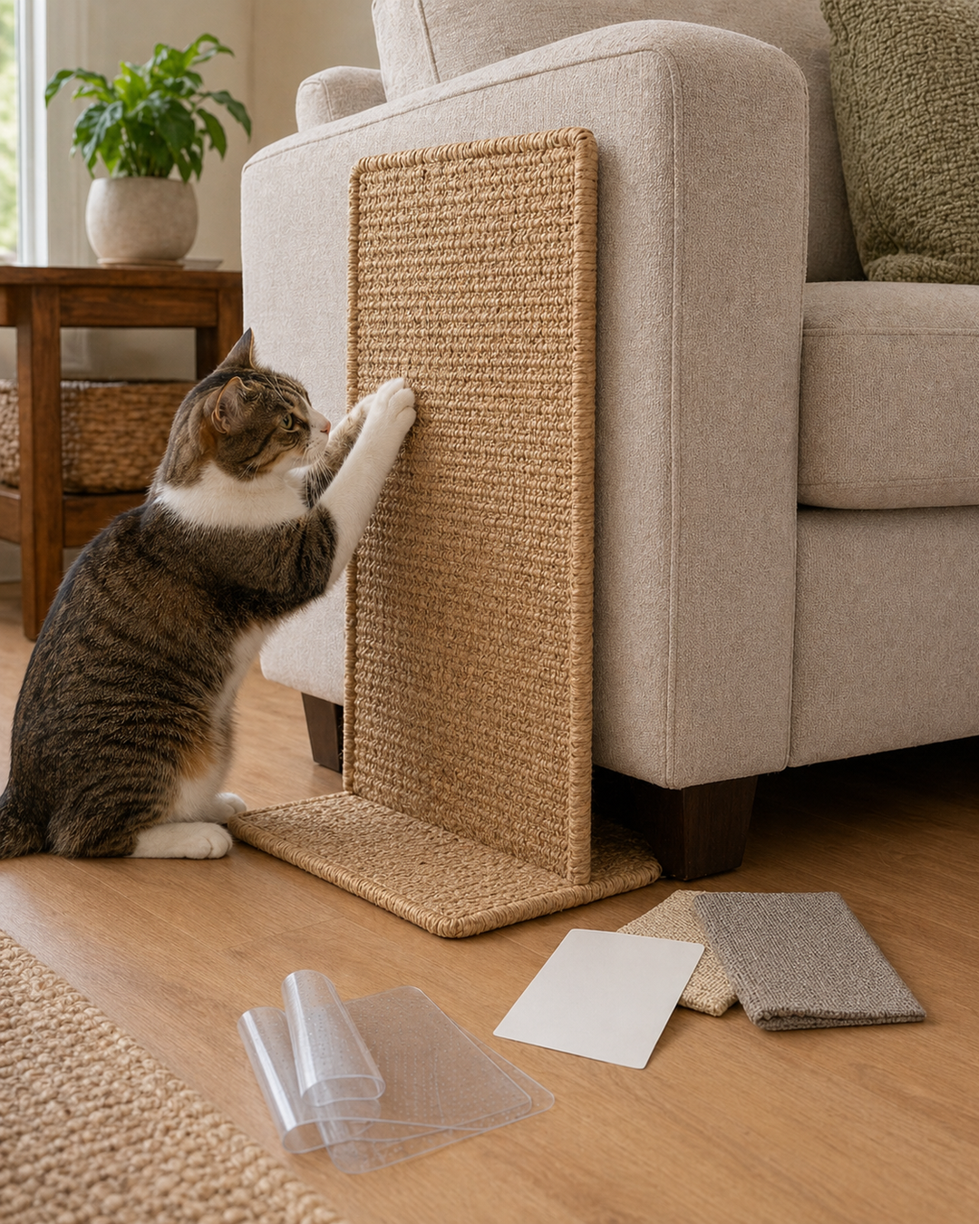Loose prelaunch sample components near a fabric couch: clear shield sample, jute mat sample, catnip sachet, fabric swatches, adhesive tab, and fabric-only pins.