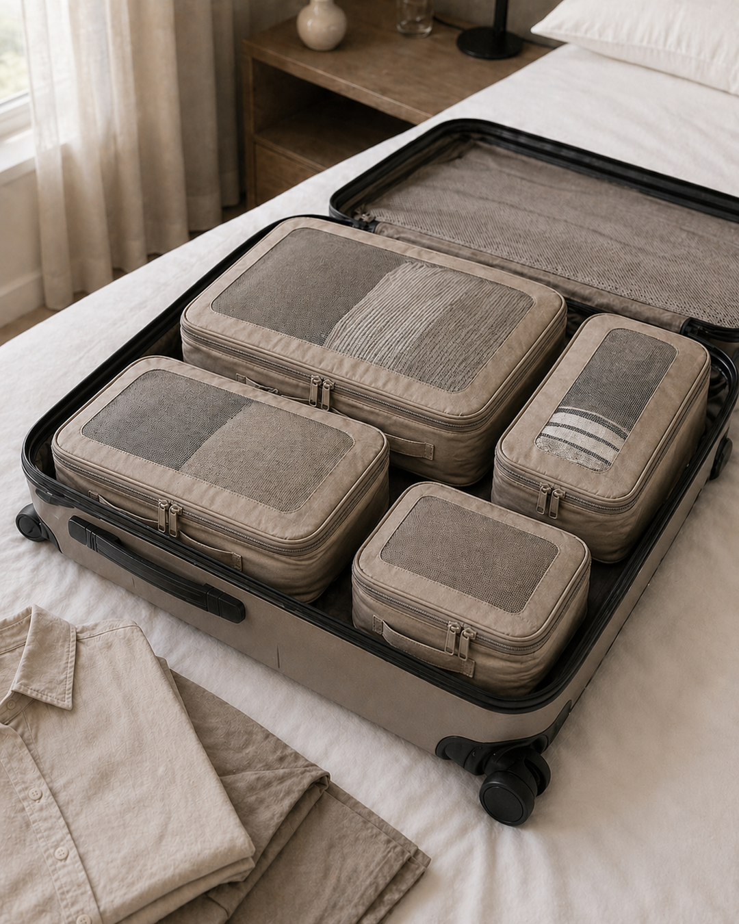 Travel compression cube packing system concept.