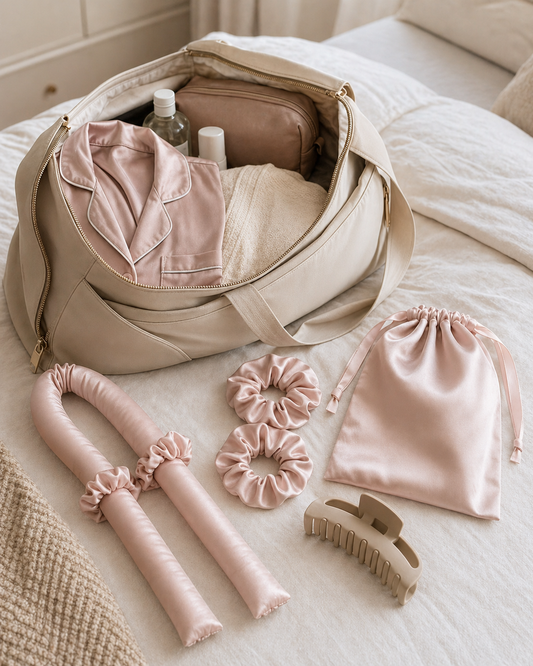 Heatless curl setup detail with satin curler and support pieces.