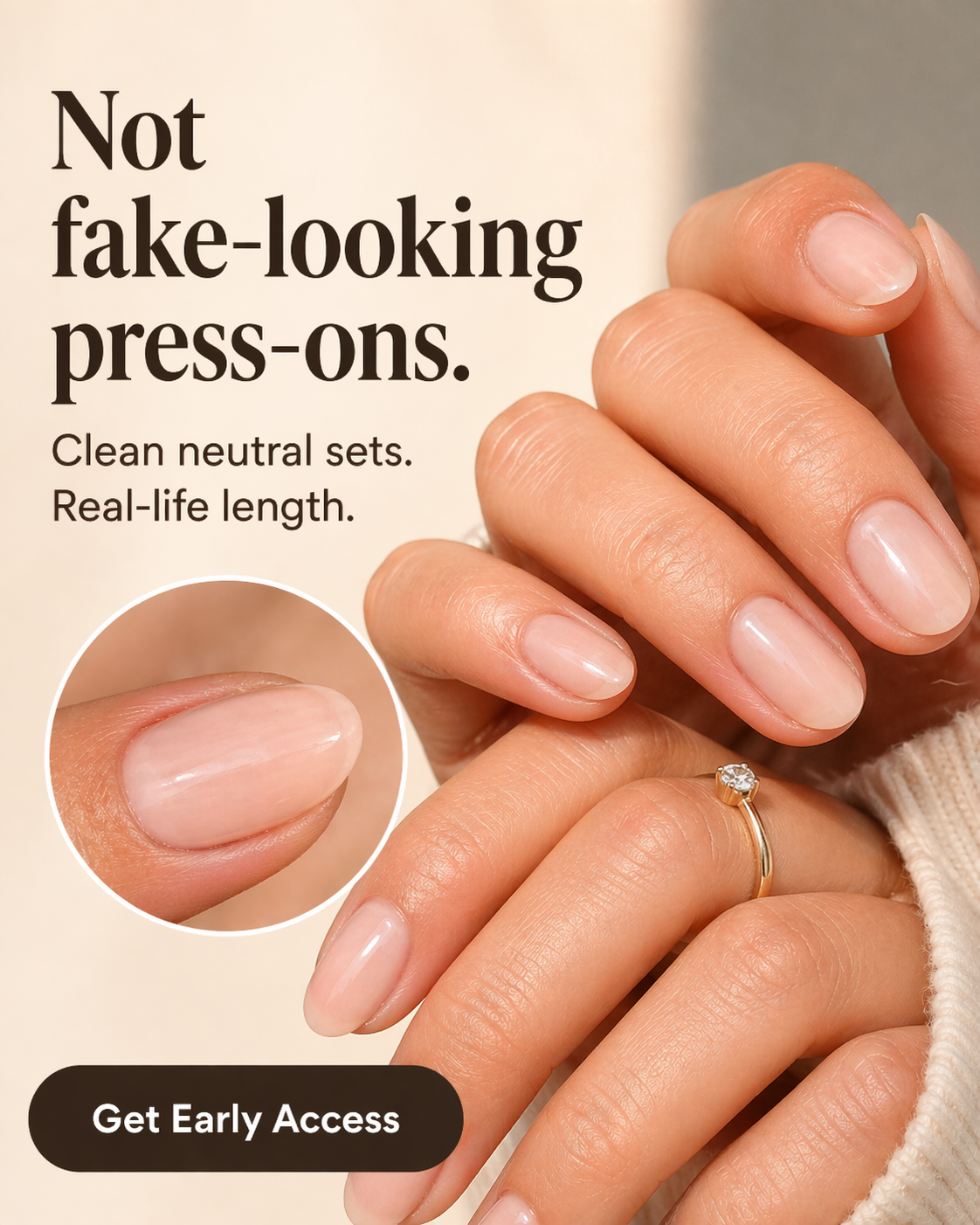 Close-up proof card showing neutral press-on nails at real-life length with a polished-looking finish