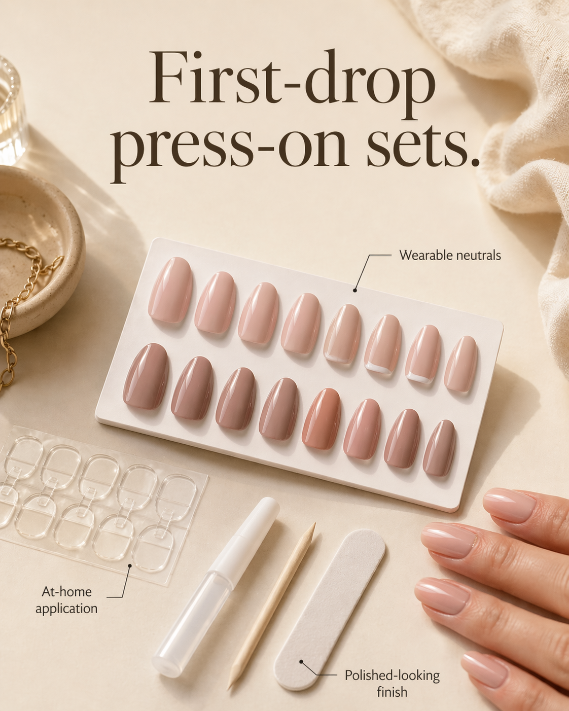 Press-on nail tray with wearable neutral nails, adhesive tabs, applicator, file, and finished hand context